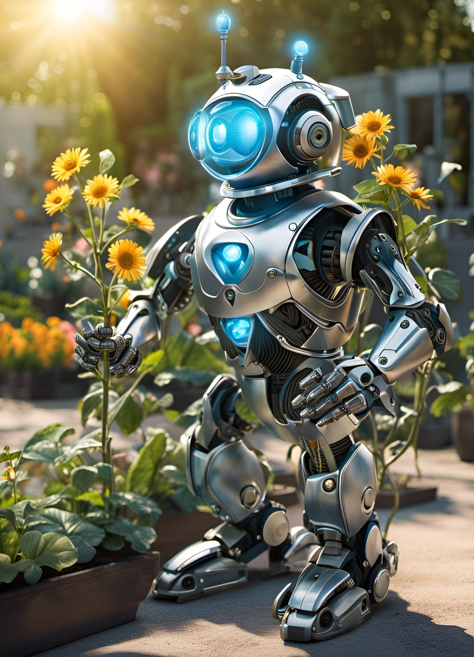 Bioluminescent Robot Gardener in Sunny Garden: 3D Render