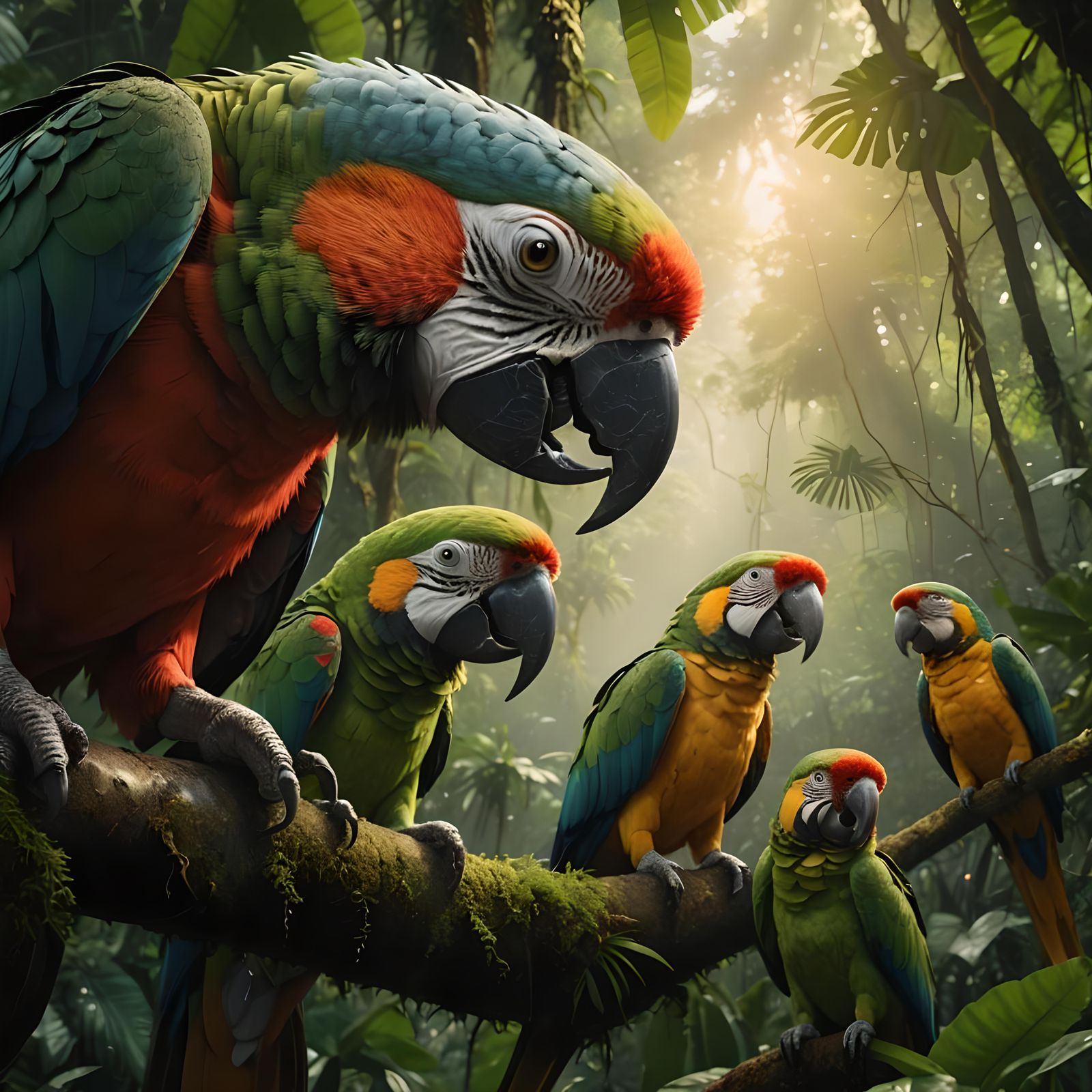 Parrots in Rainforest: Hyperrealistic Cinematic Visual
