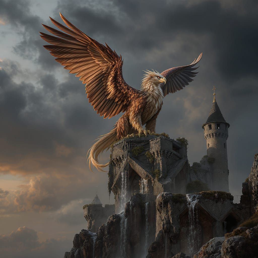 Griffin on Star Castle with Waterfall in Digital Matte Paint...