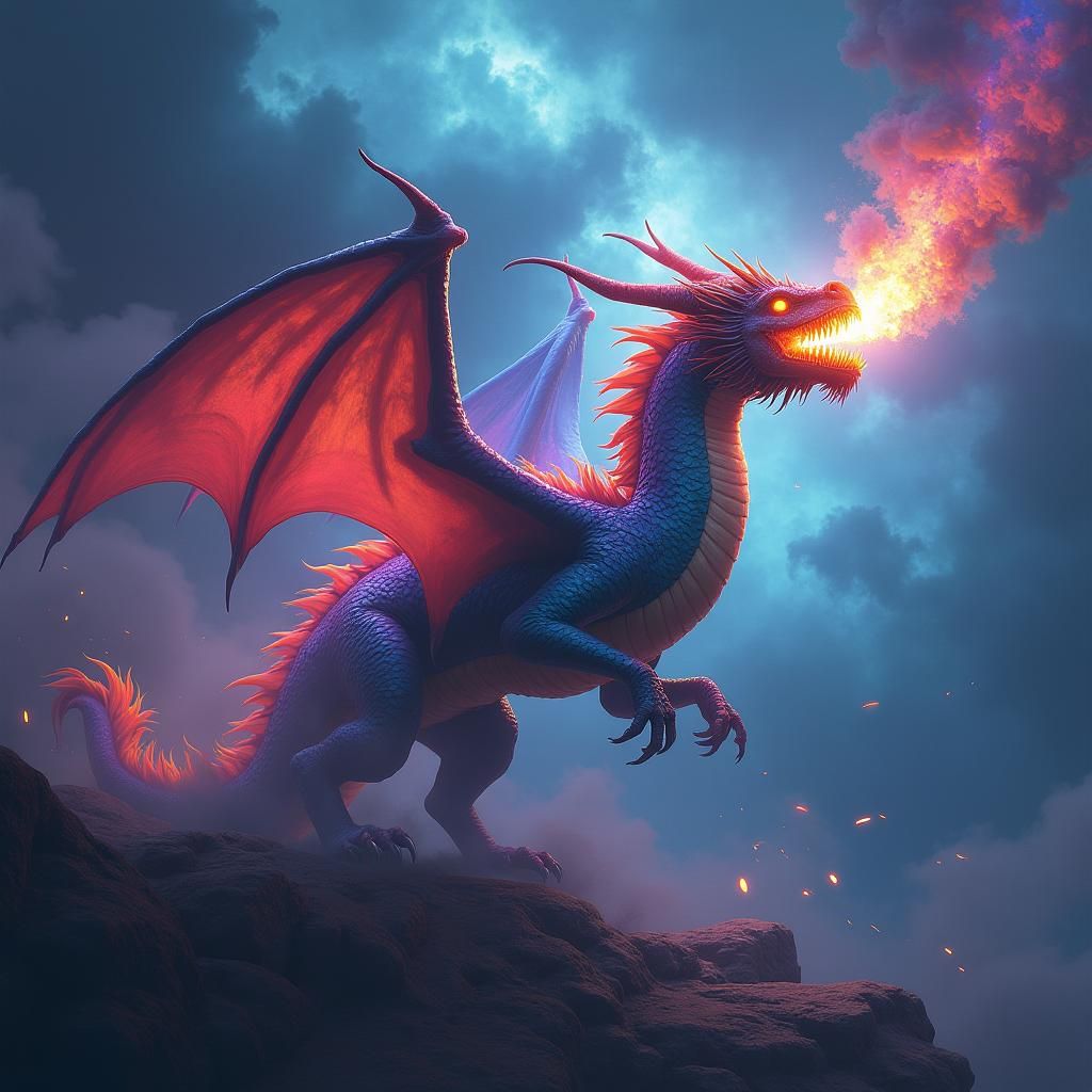 Rainbow Dragon Breathing Black Fire: Matte Painting