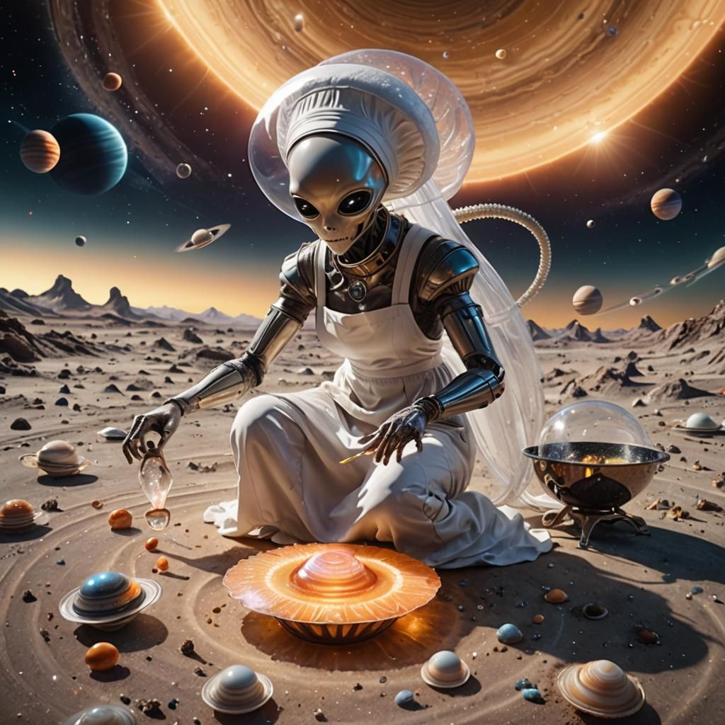 Alien Chef Maid Dusting Saturn Rings in Space