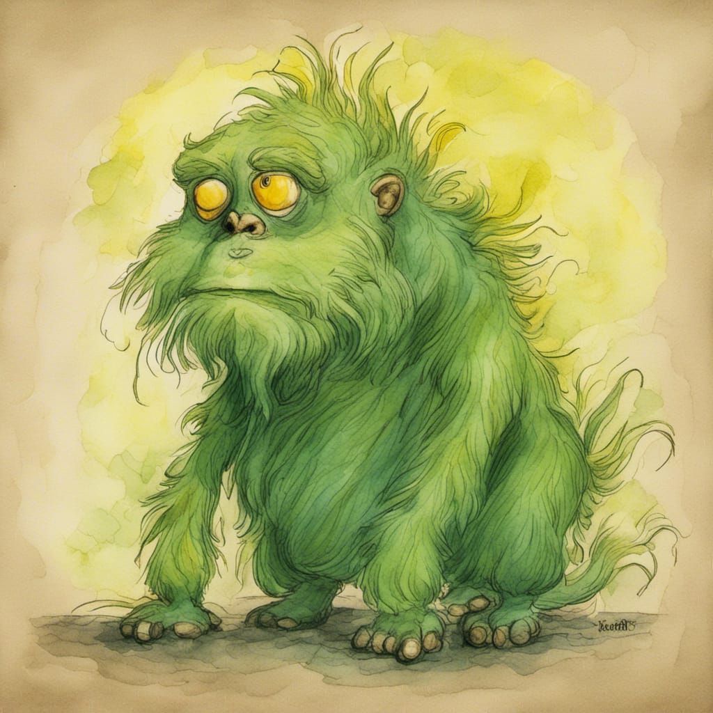 <lora:Fable:1.0> grouchy, green-furred creature with a lean,...