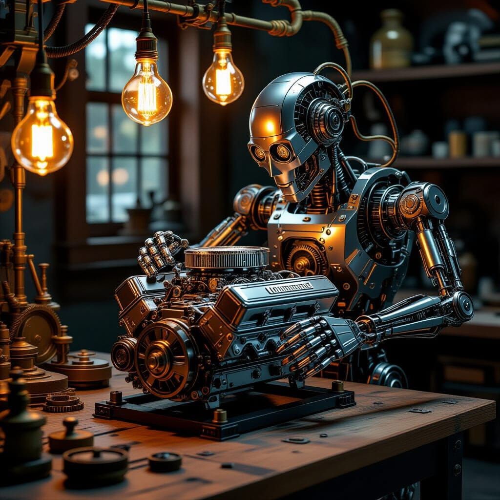 Steampunk Automaton Assembling Camaro Engine