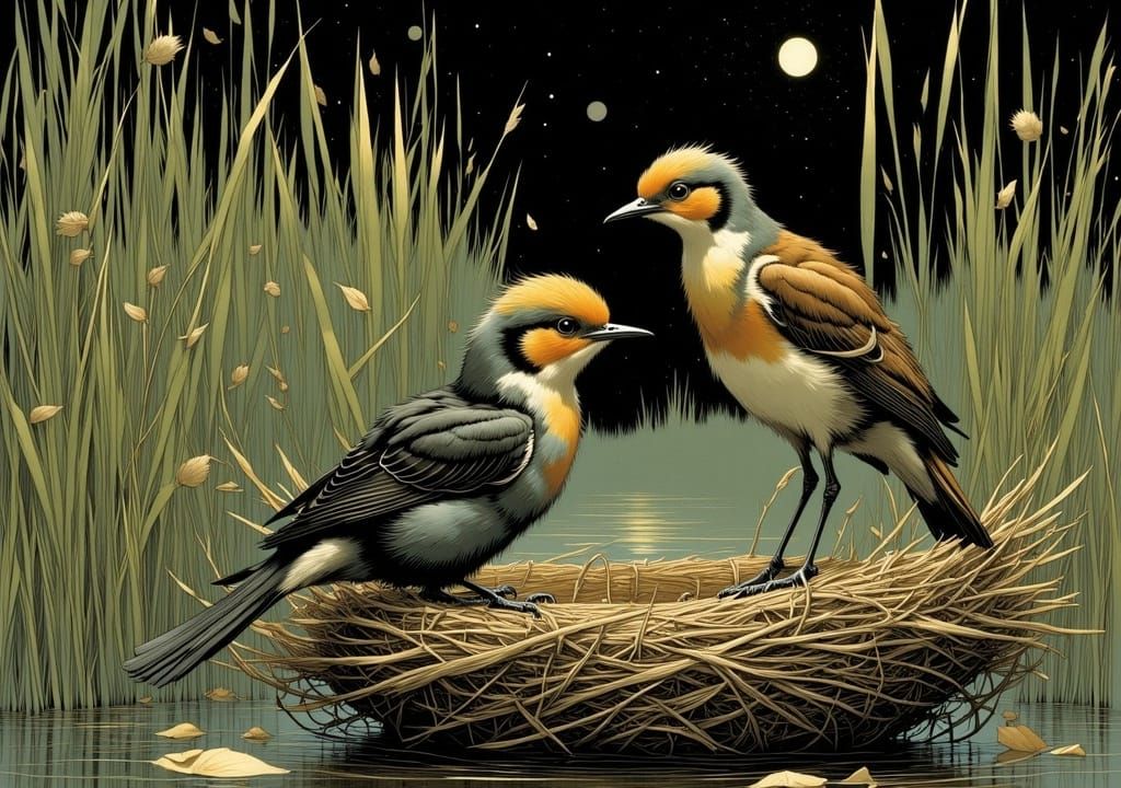 Majestic Bird in Reeds, Romantic Style