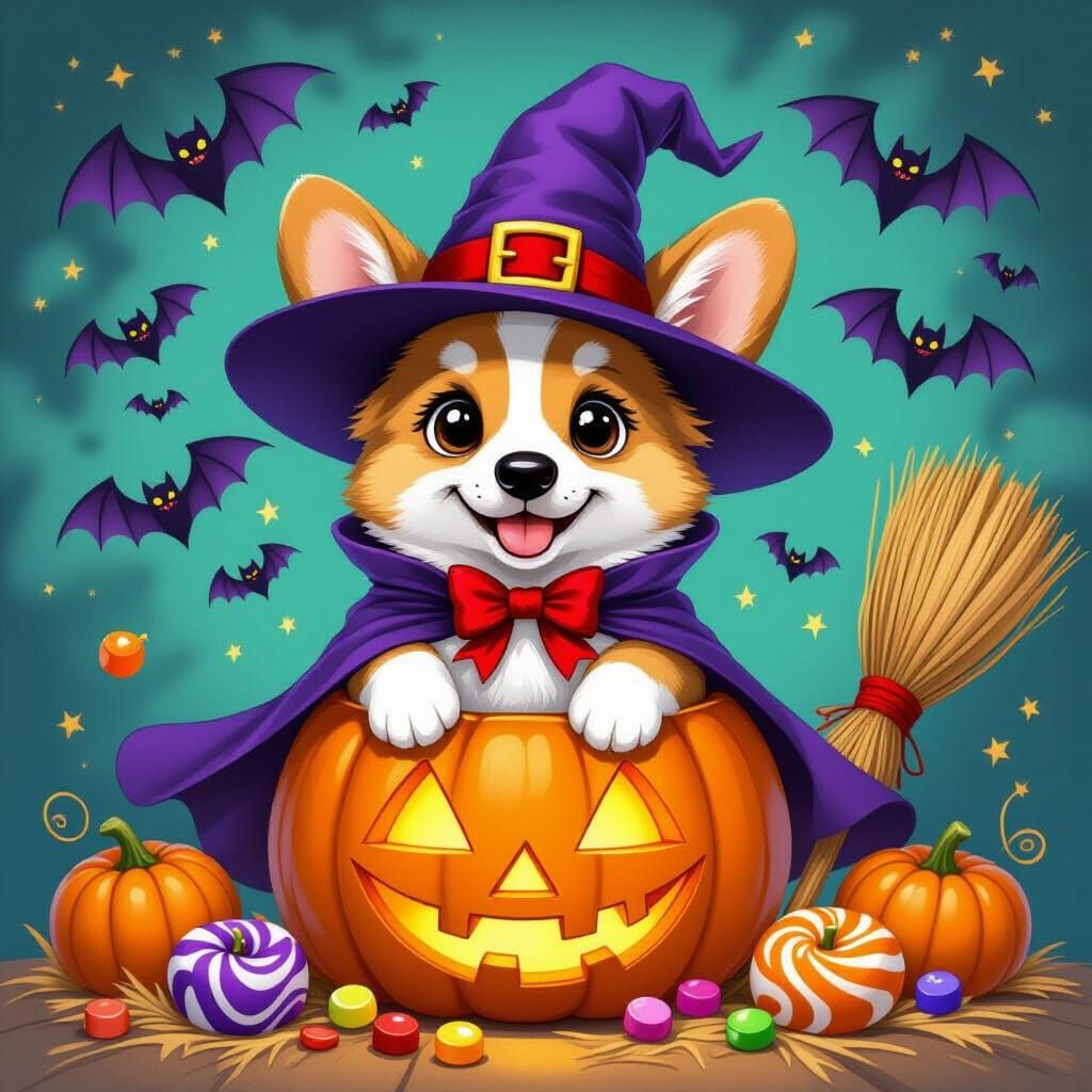 Corgi Puppy Witch in Pumpkin, Cartoon Illustration