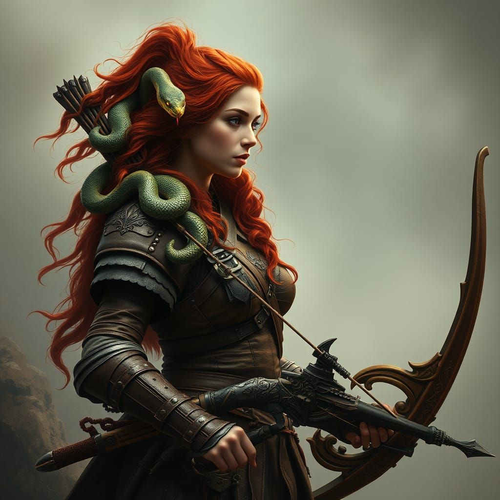Red-Haired Warrior Woman with Snakes, Art Nouveau Style