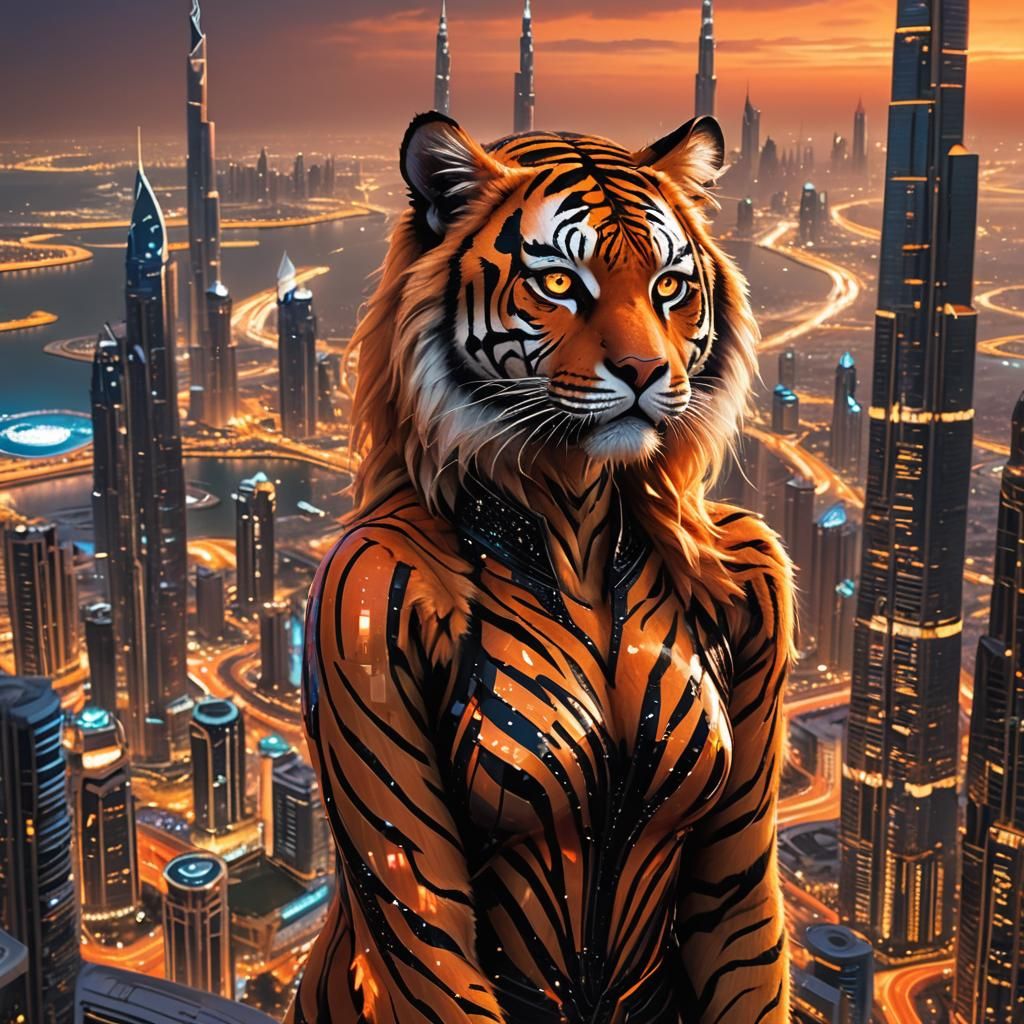 Tiger Girl in Dubai: Futuristic Neon Sunset