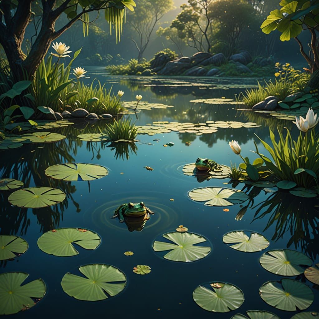 Serene Lake with Frogs: A Fantasy Oil Painting