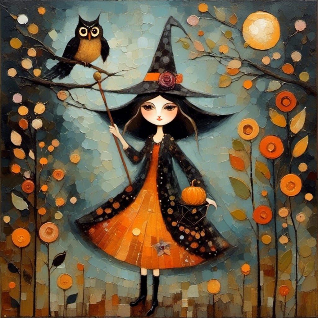 Whimsical Witch Casting Spells in Naive Folk Art Style