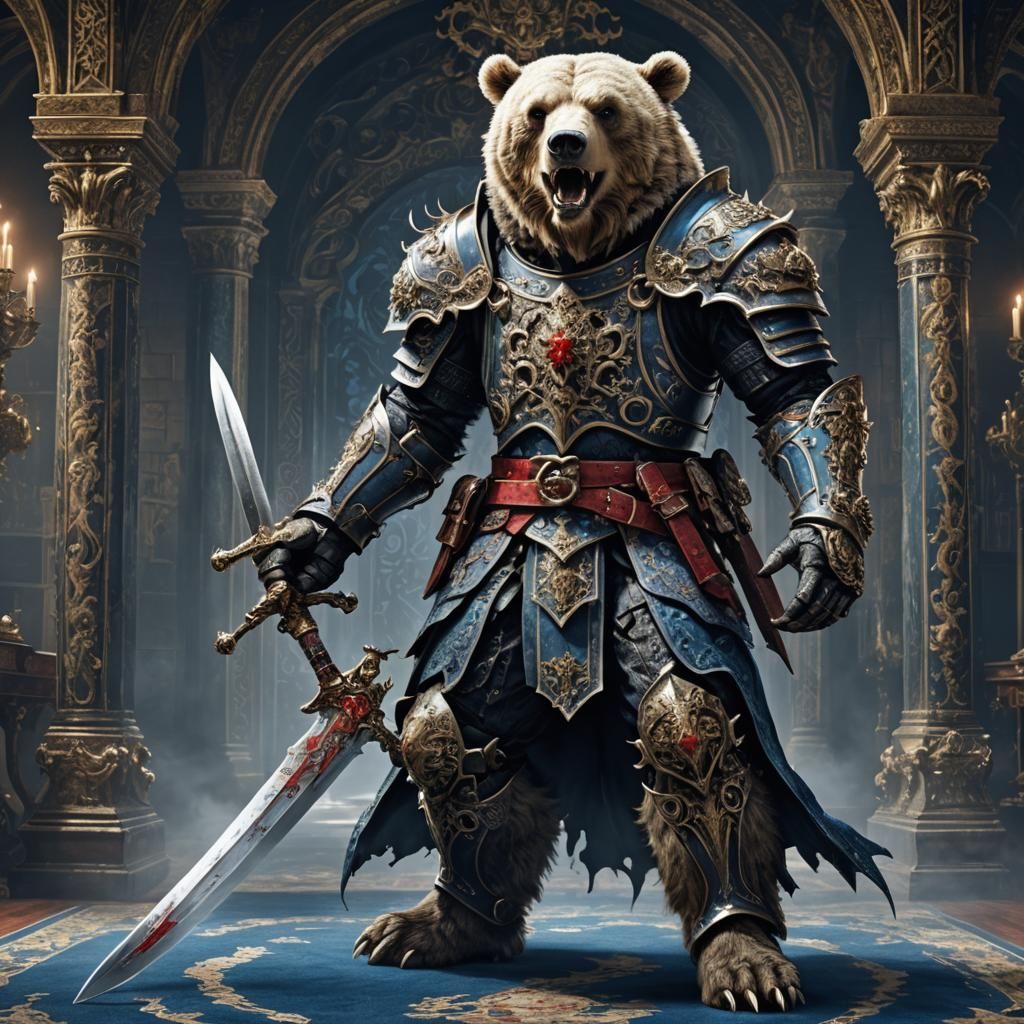 Cyborg Bear Knight in Gothic Hall
