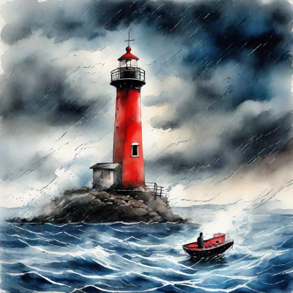 Ethereal Lighthouse Amidst Turbulent Stormy Skies