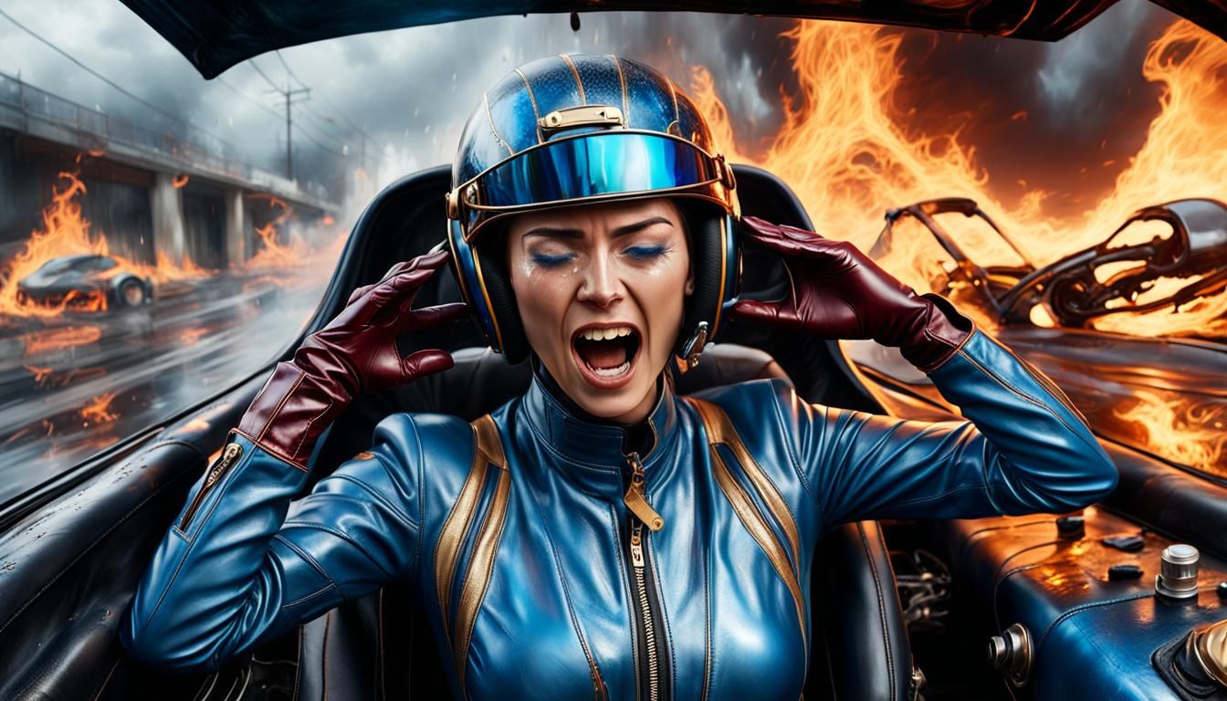 Burning Fear: Hyperrealistic Woman in Racing Car
