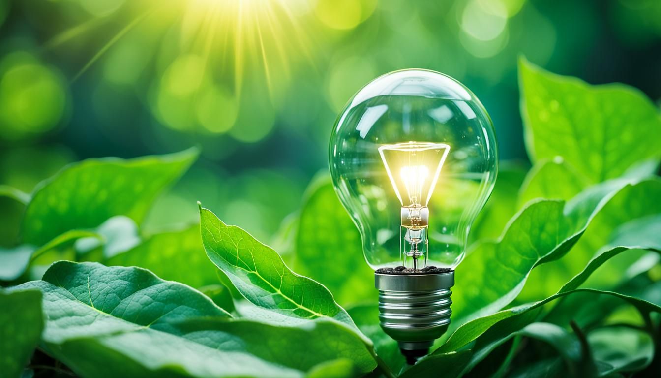 Glowing Lightbulb on Leaf: Sustainable Energy Concept