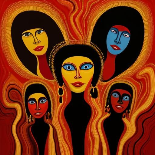 Abstract Faces in Red: Surrealist Aboriginal Oil Painting