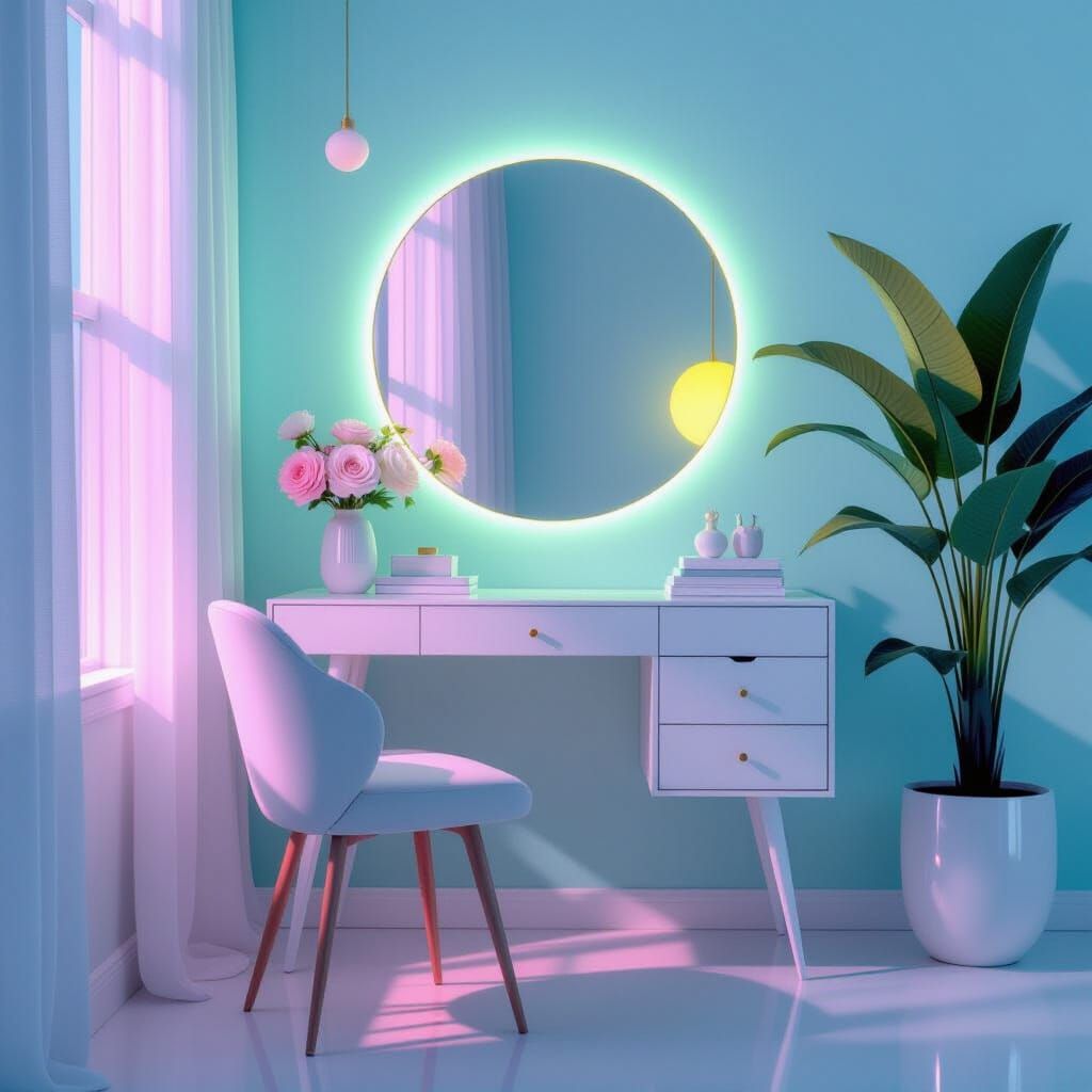 Ethereal Vanity Table Painting with 70s Playfulness
