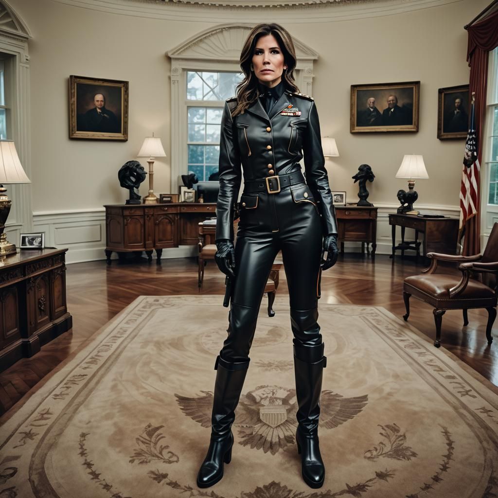 A full-body image of Kristi Noem, angry face, dressed in a t...