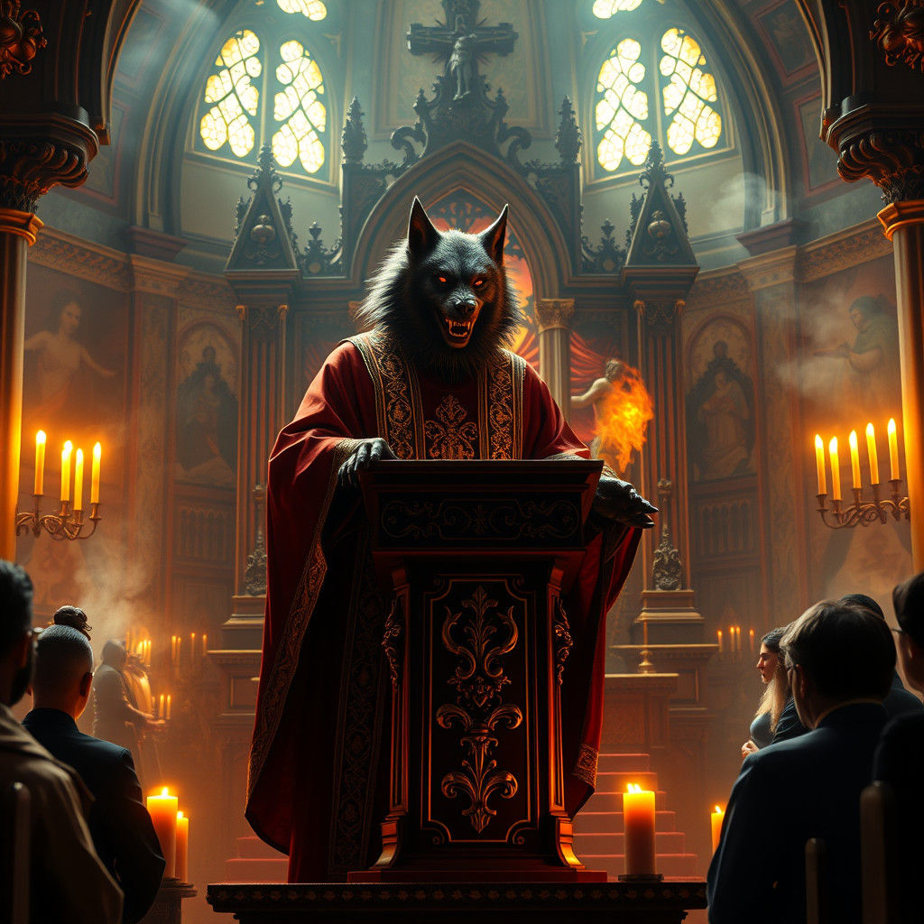 Werewolf Priest Delivers Sermon in Gothic Church