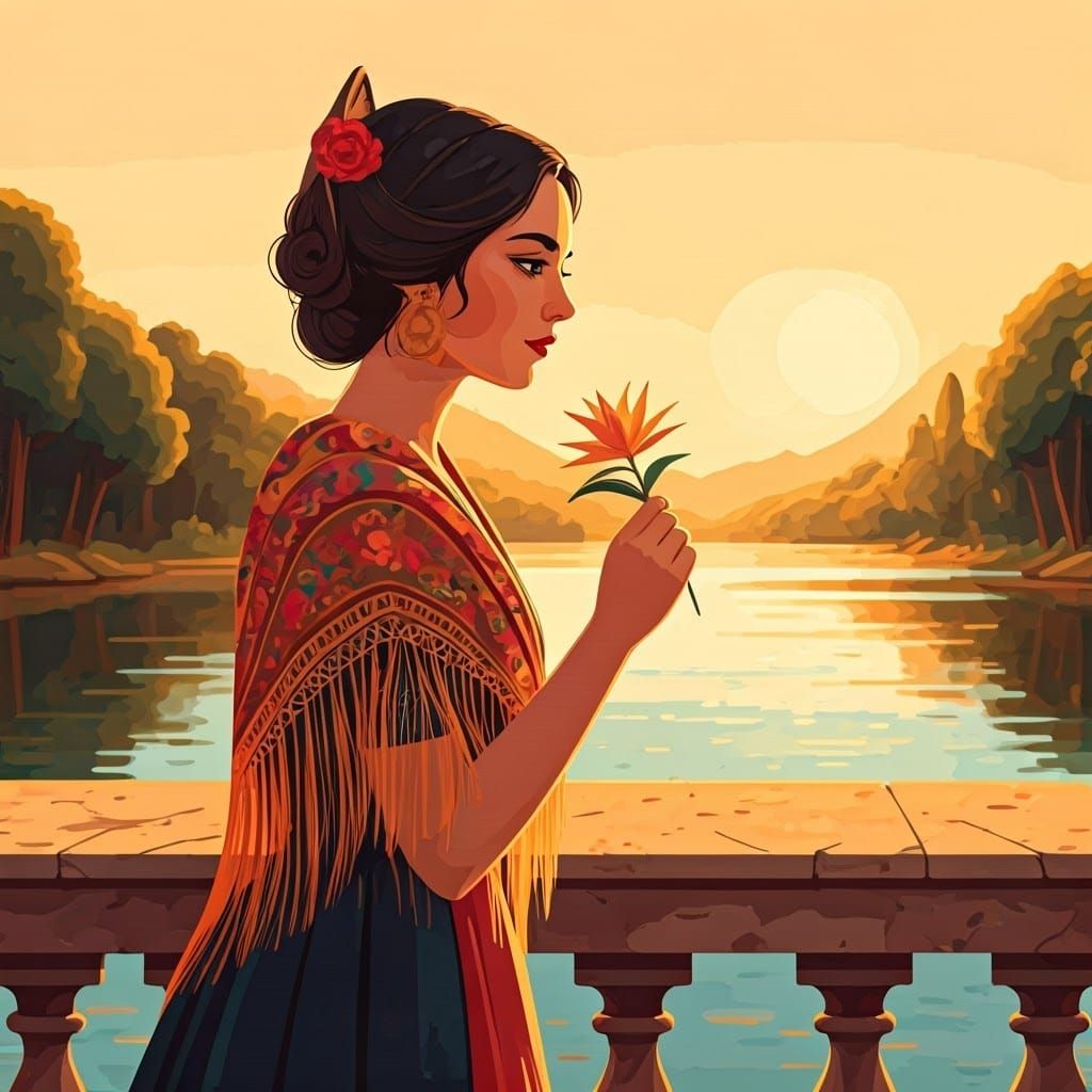 Spanish Folk Art Goddess with Mantón de Manila Shawl