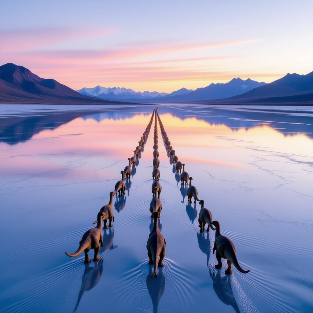 Dinosaurs on Salt Flat at Dawn: Panoramic Vista