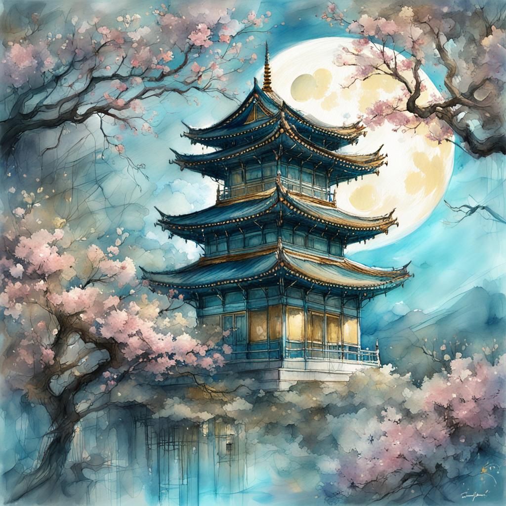 Moonlit Pagoda and Cherry Trees in Watercolor Style