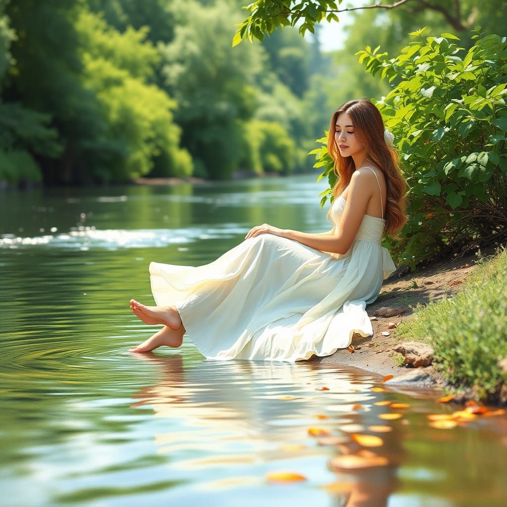 Woman on Riverbank in Watercolor Style