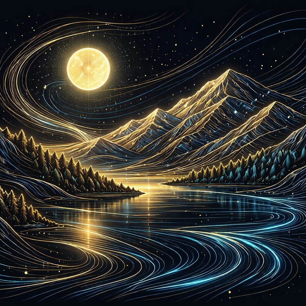 Elegant Line Art Mountain Lake Under Full Moon