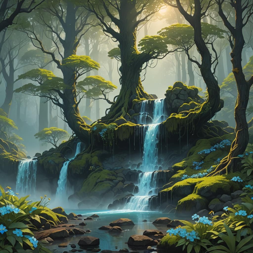 Mystical Forest Waterfall with Forget-Me-Nots