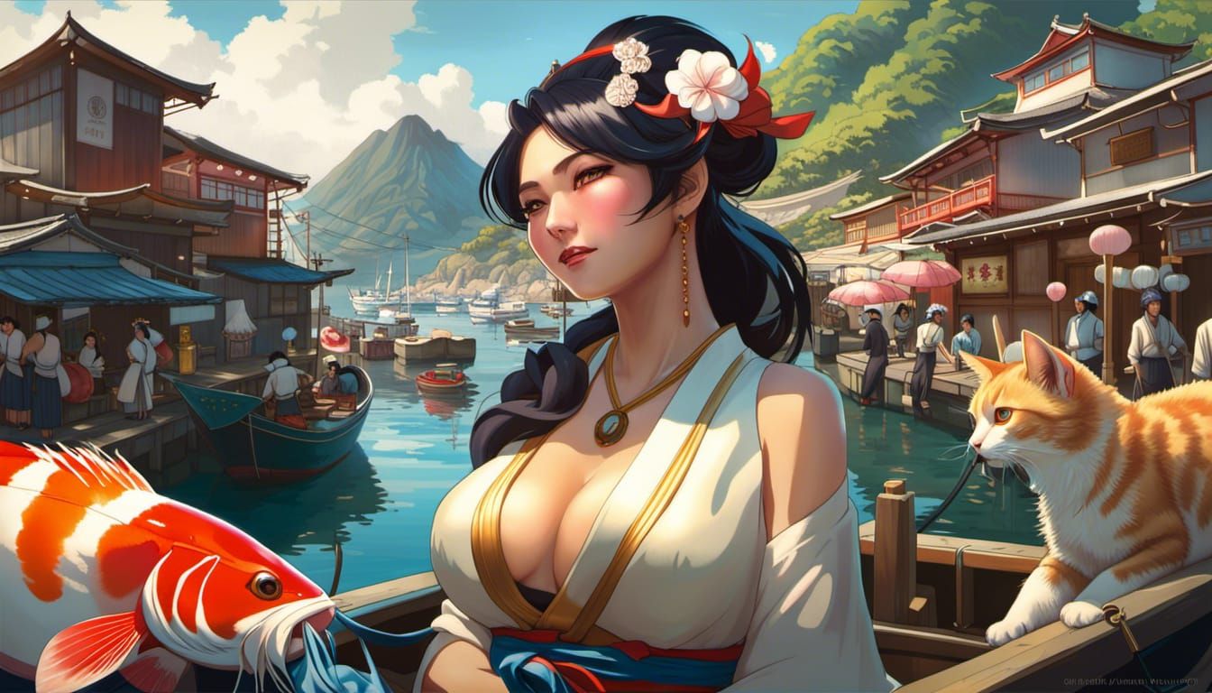 Cats from Japan's famous Aoshima Island (Cat Island) with a geisha girl