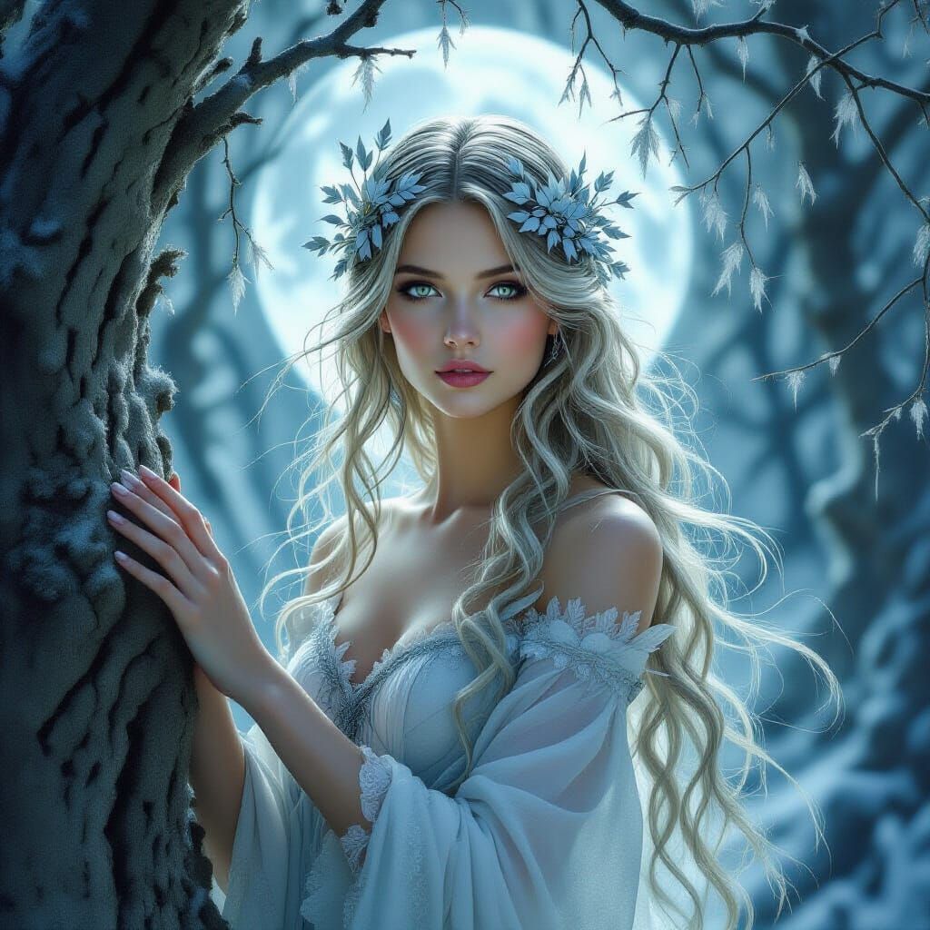 Ethereal Dryad in Moonlit Forest, Pre-Raphaelite Style