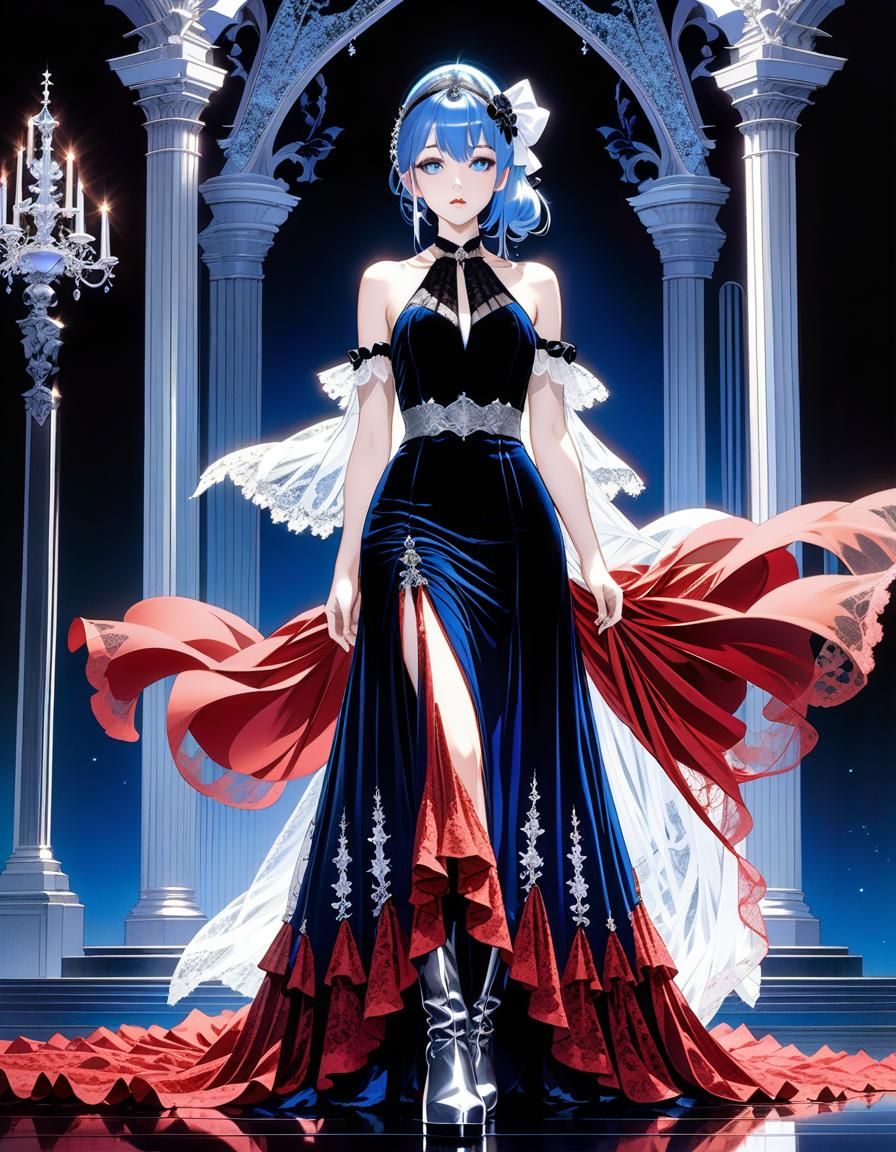 Blue Gothic Dress with Glitter Top, Anime Style
