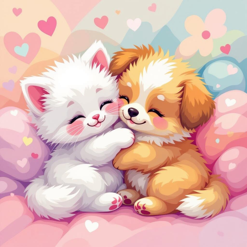 Pom Pom Kitten and Puppy in Pop Art Style