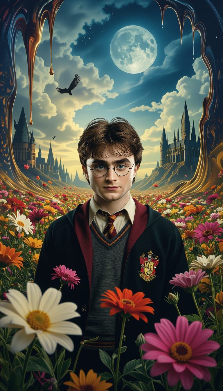 Harry Potter in Surreal Dali-Inspired Flower Field