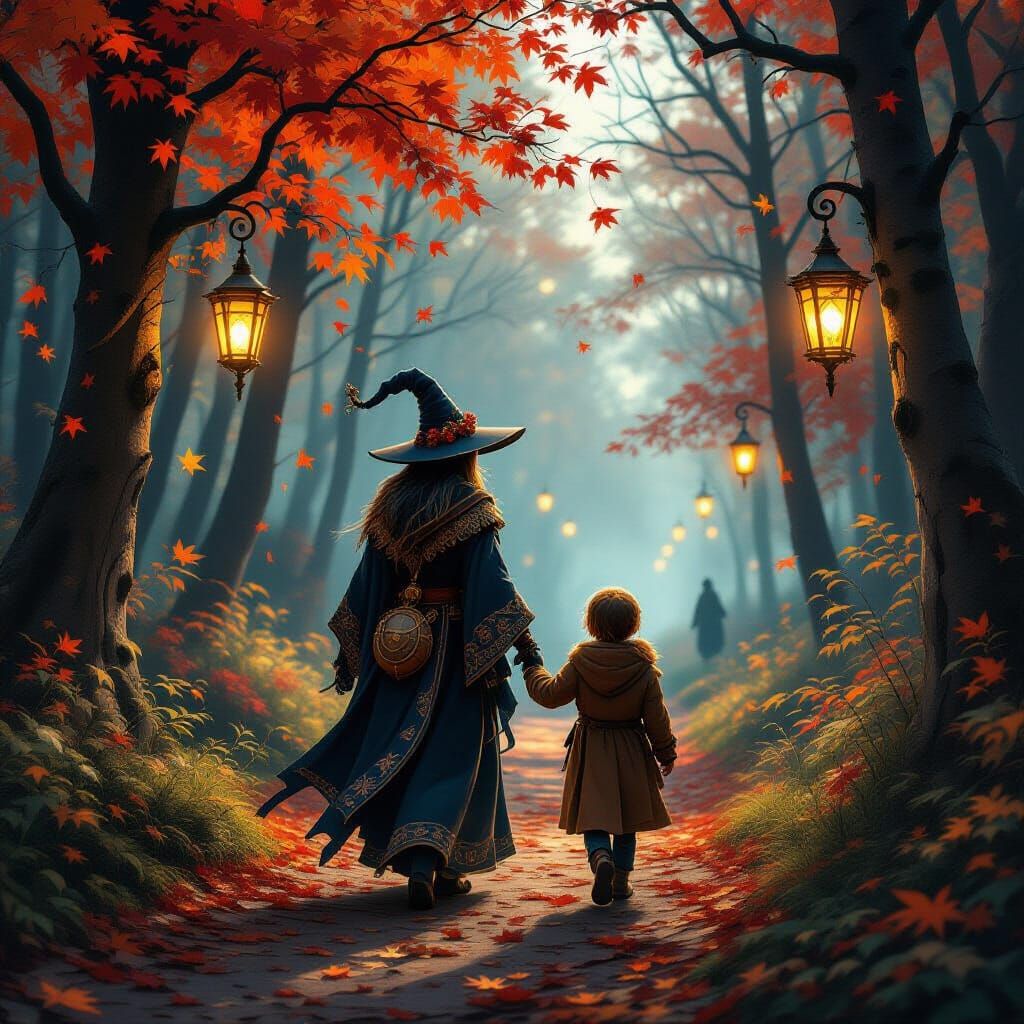 Mystical Time Traveler Guiding Through Autumn Forest