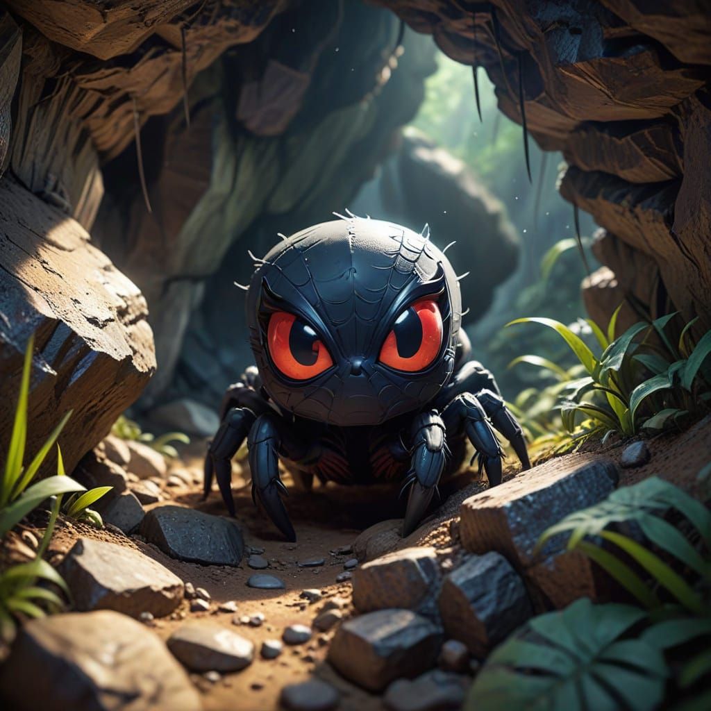 Chibi Spider Peeking from Cave, Anime Style