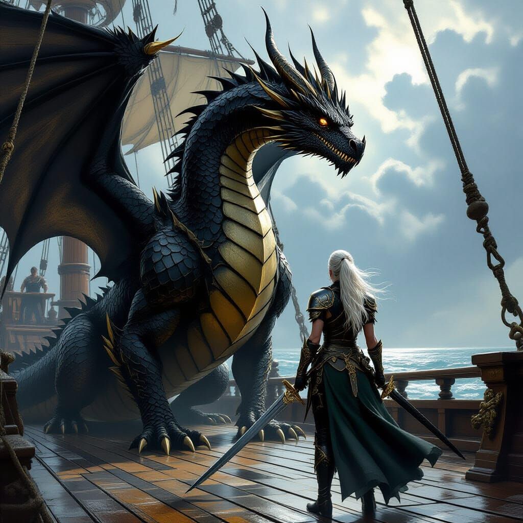 Dragon and Warrior on Ship Deck in Epic Fantasy Style