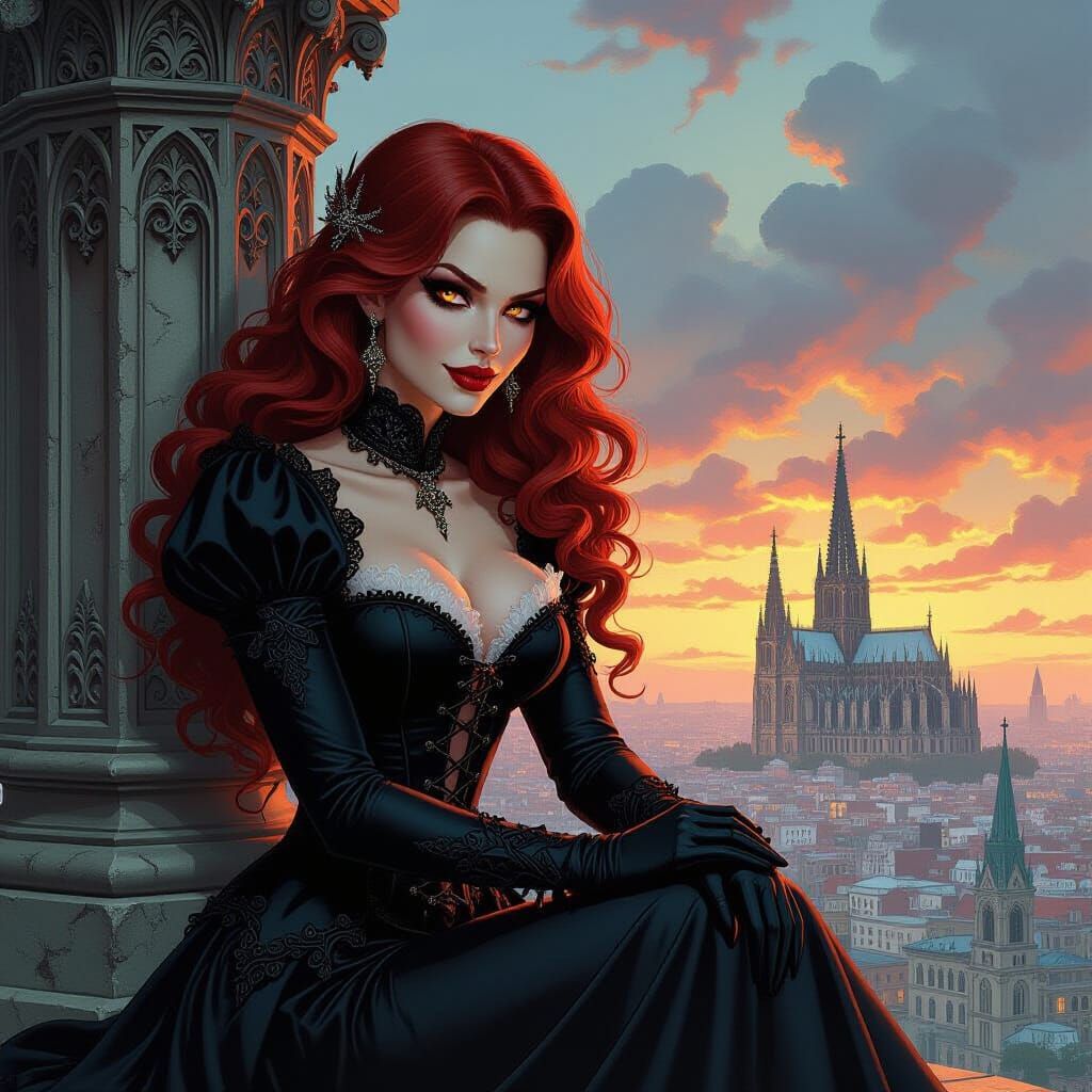 Gothic Vampire Queen Overlooking Cityscape