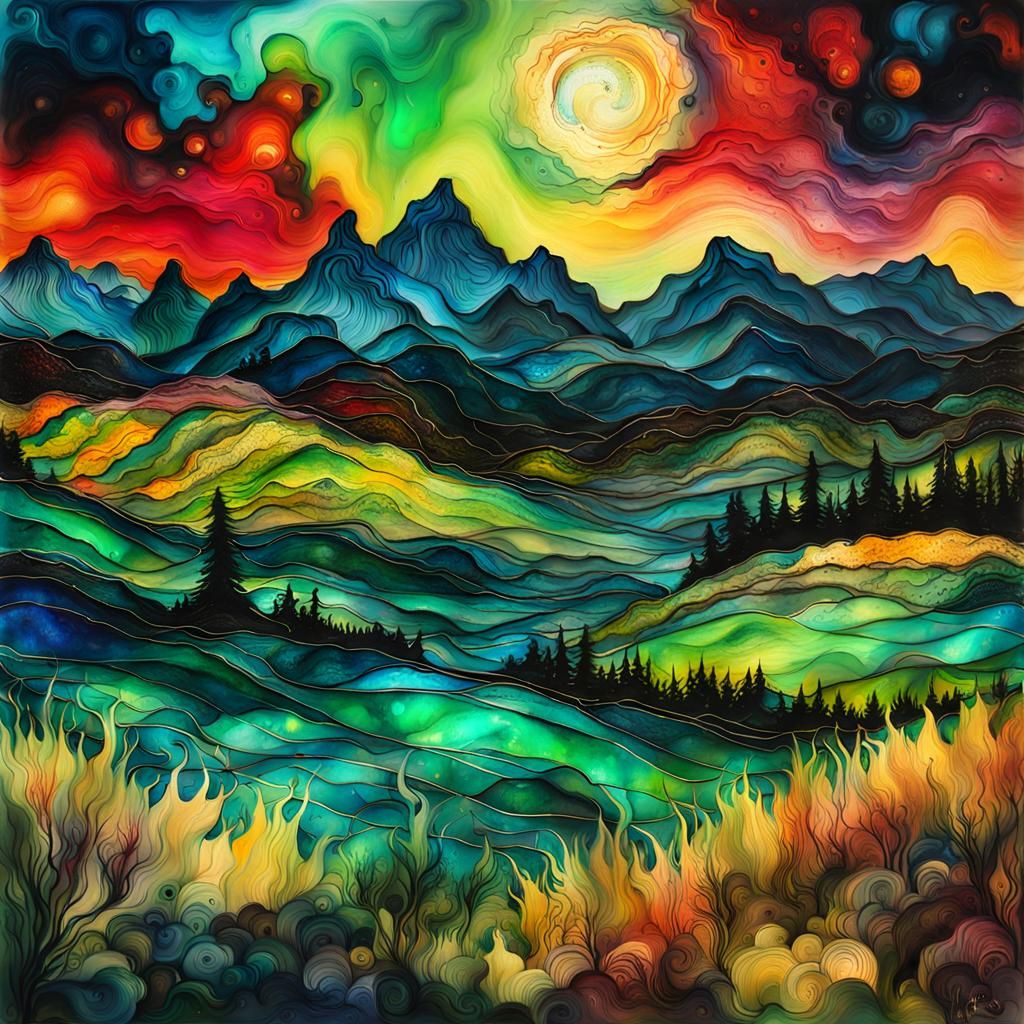 Surreal Encaustic Landscape with Northern Lights
