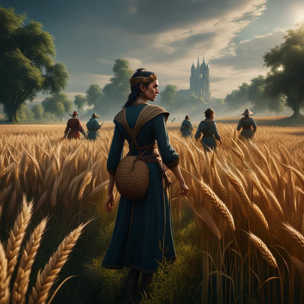 Peasants Harvesting Wheat: Detailed Matte Painting