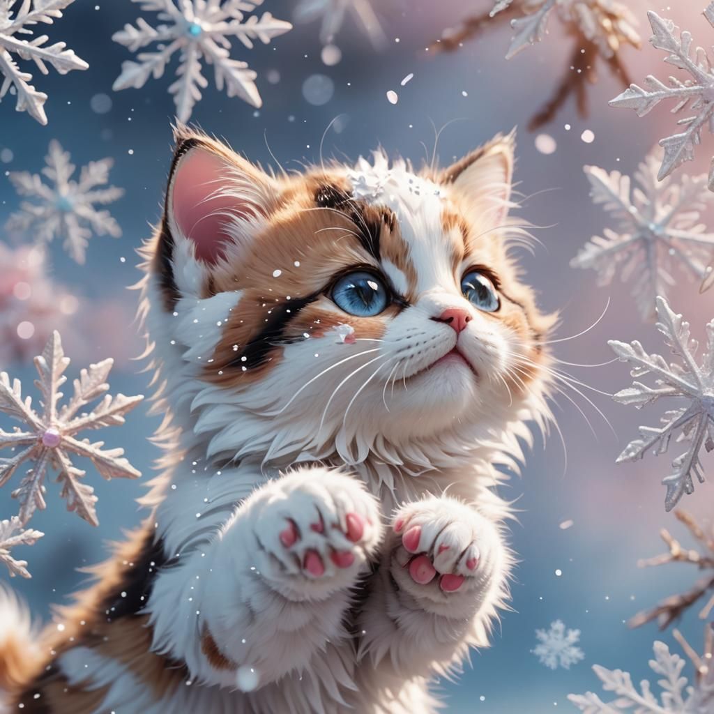 Fluffy Kitten and Snowflake in Anime Style