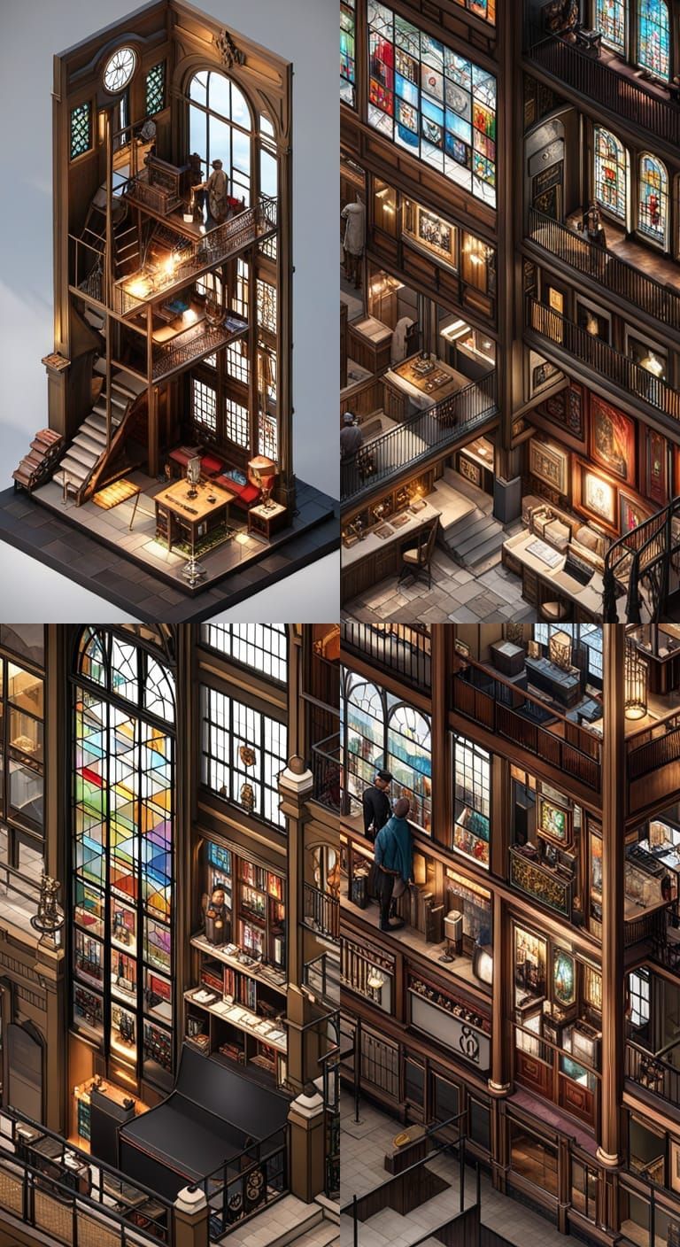 Steampunk Shop: Isometric Room with Stained Glass