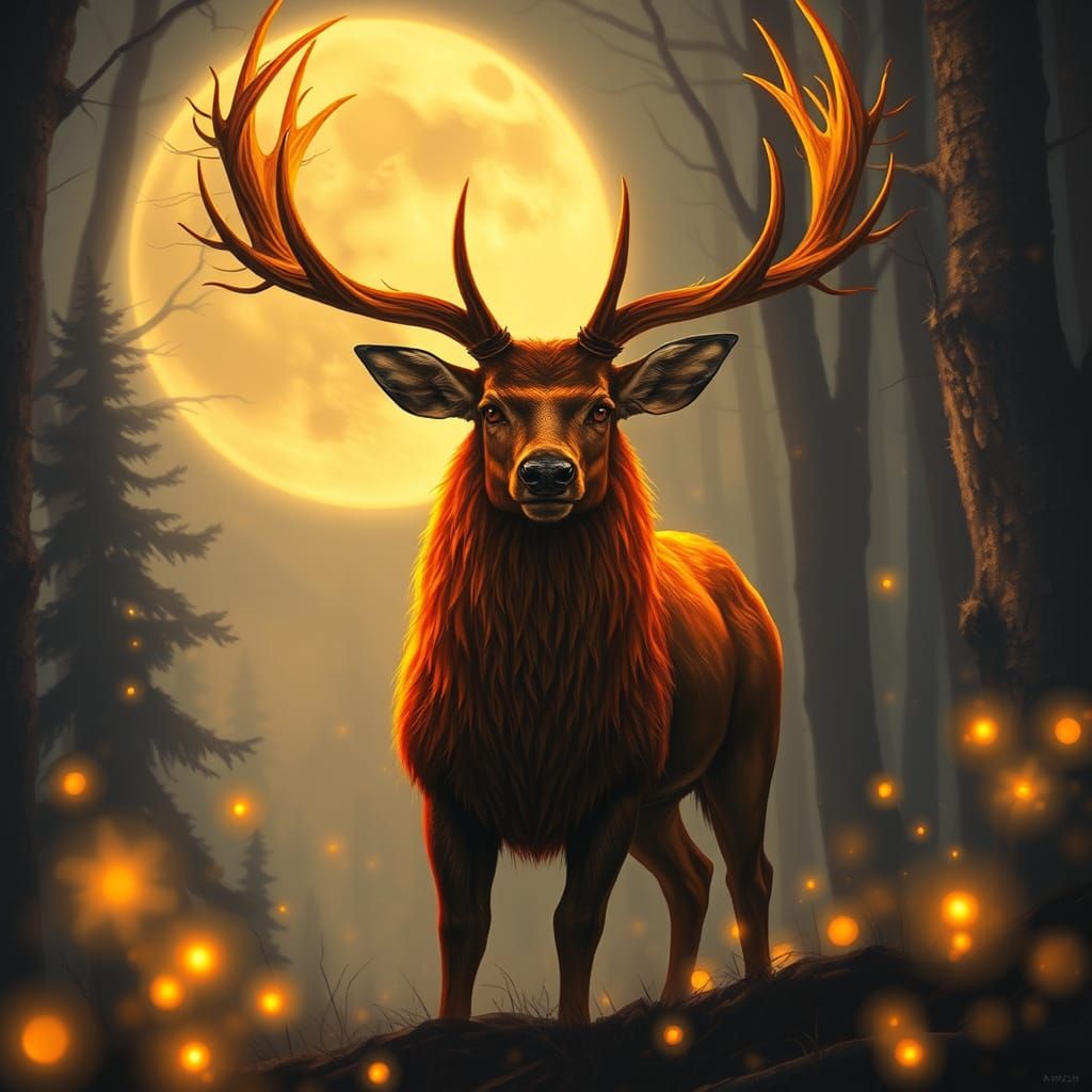 Fiery Stag in Mystical Moonlit Forest