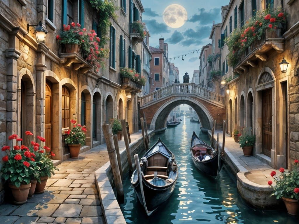 Venice Canal at Moonlight in Impasto Gouache Style