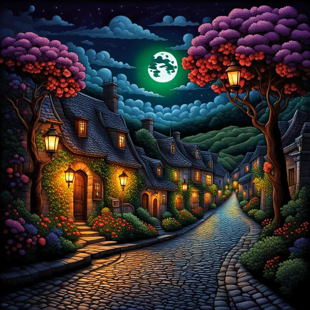 Moonlit French Street with Lanterns, Sinister Style