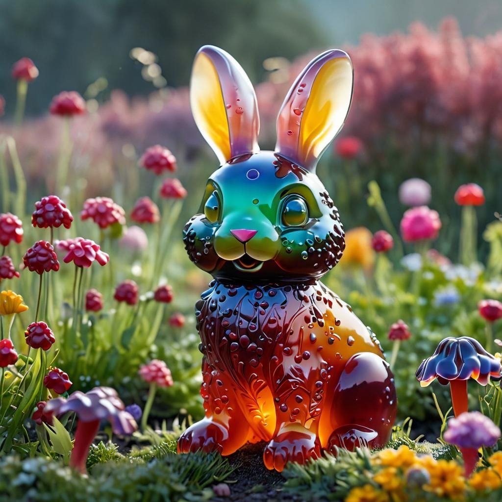 Translucent Jelly Bunny Sculpture in Foggy Field