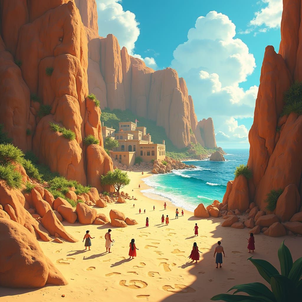 Sun-Kissed Village Carving Numbers in 3D Anime Art