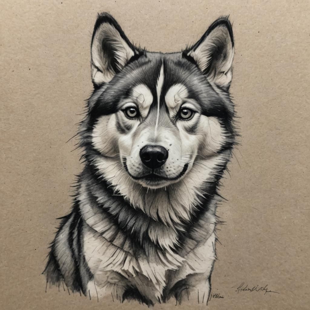 A surrealist Husky done in frottage with charcoal pencils.