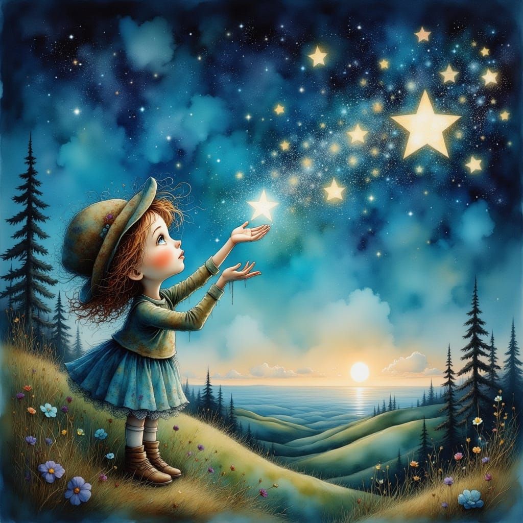 Whimsical Girl Catches Falling Star in Dreamy Landscape
