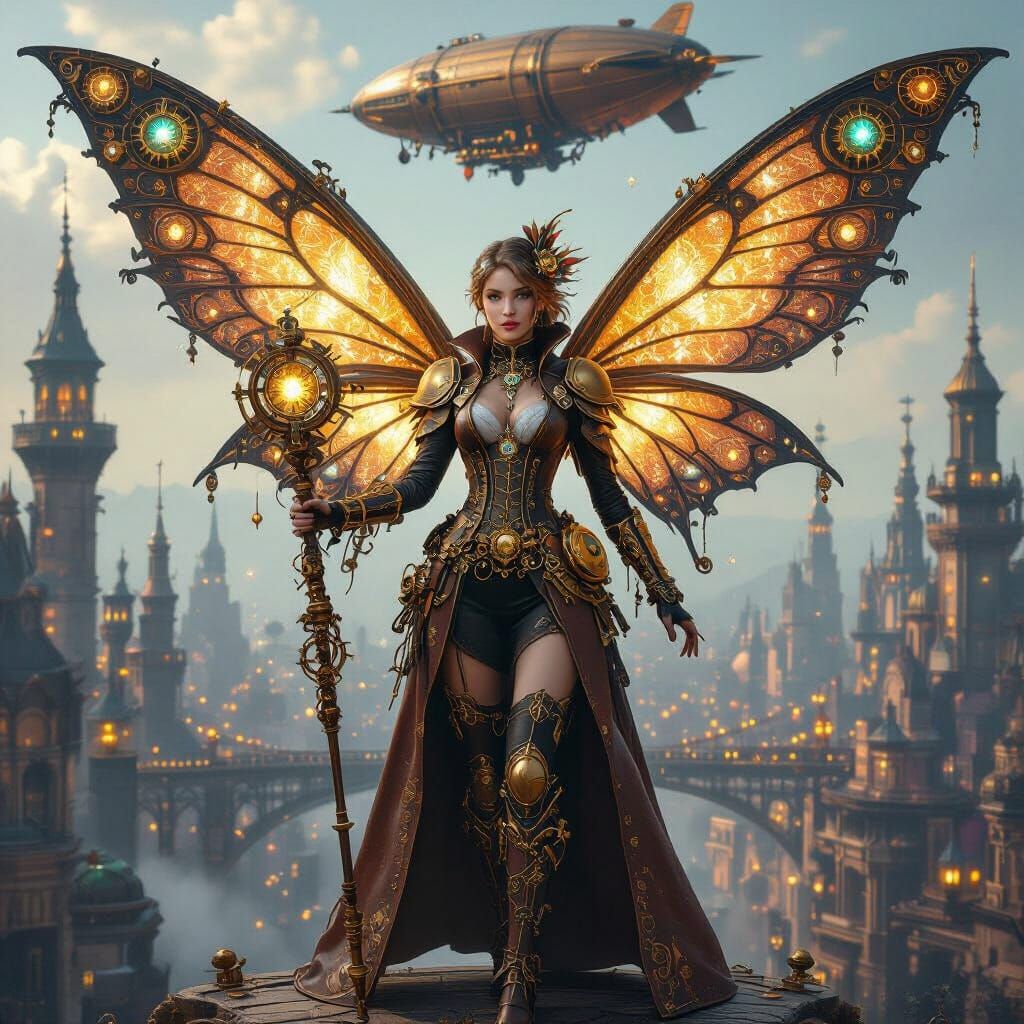 Steampunk Fairy with Majestic Wings and Gears