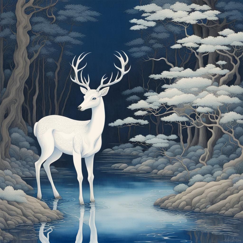 a white deer walks at night in a forest, on the banks of a s...