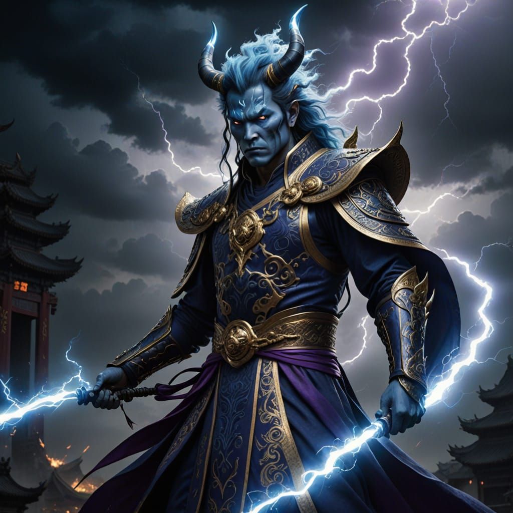 Epic Blue Skinned Warrior in Ancient Chinese Attire